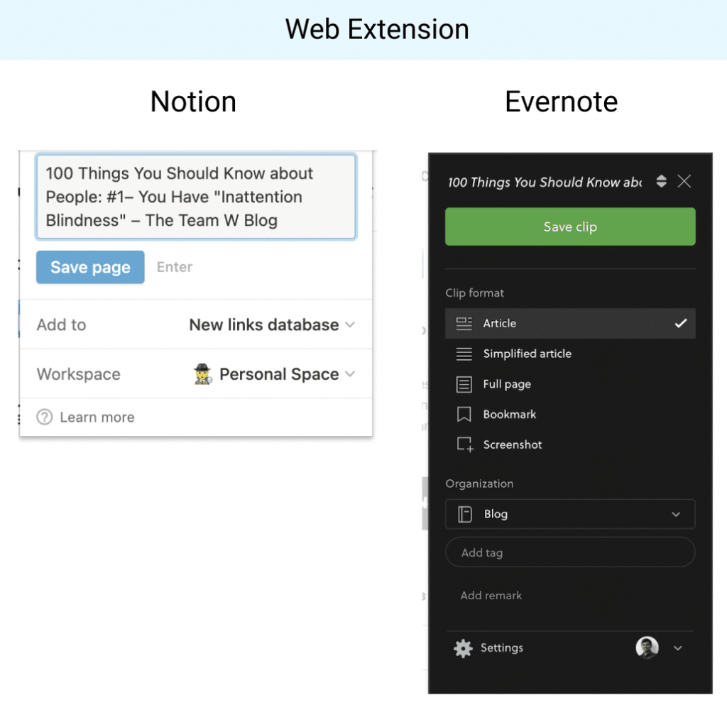 Web Extension Notion and Evernote